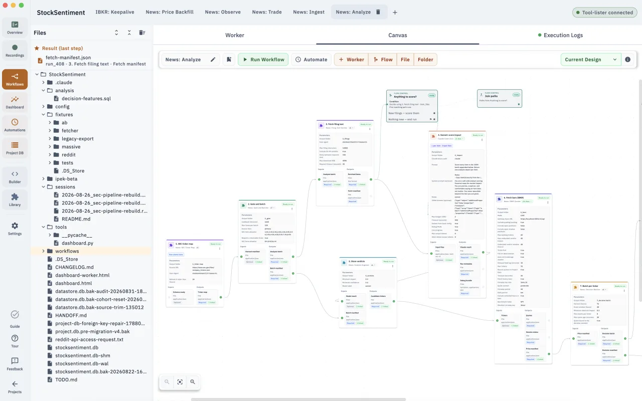 The News: Analyze workflow on Ipek’s canvas: SEC ticker map, gate and batch, fetch filing text, a Claude score per filing, and a route that ends the run when nothing is new